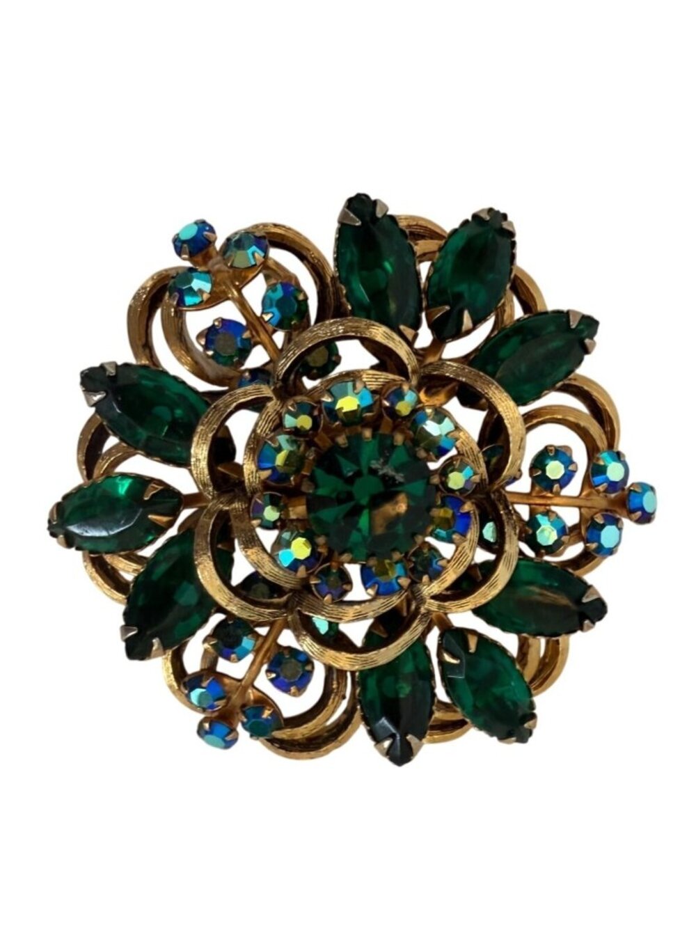 Vintage Signed Selini Emerald 2" Green AB Rhinestone & Aurora Borealis Brooch